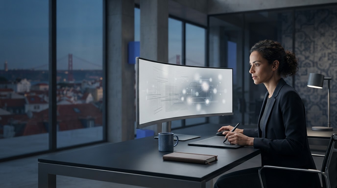 Acesso Digital Completo — rede abstrata de pontos de dados representando análise em tempo real